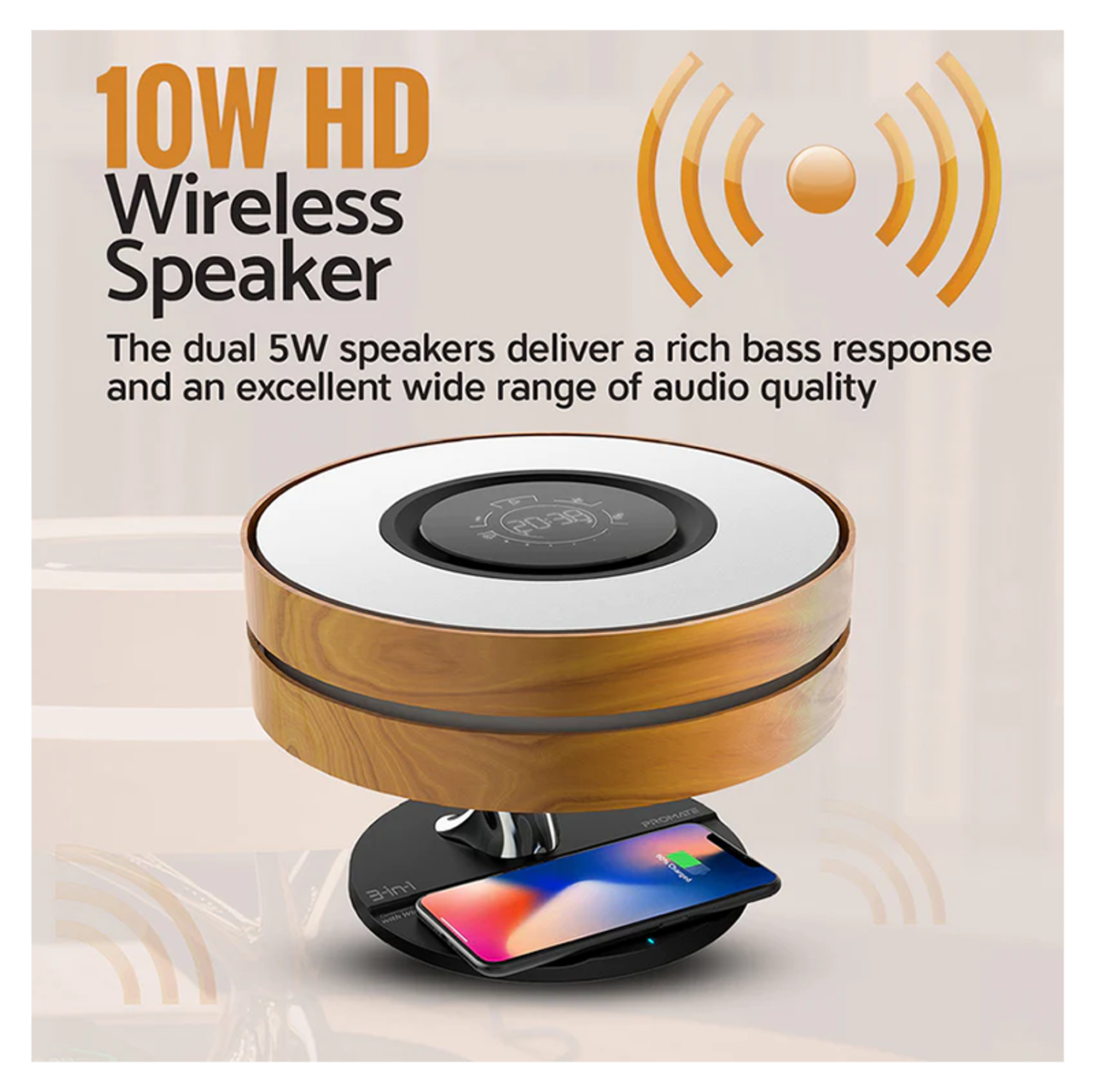 PROMATE 3 in 1 Contemporary Designed Wireless Speaker with Desk Lamp and Wireless Charger - Best Prices