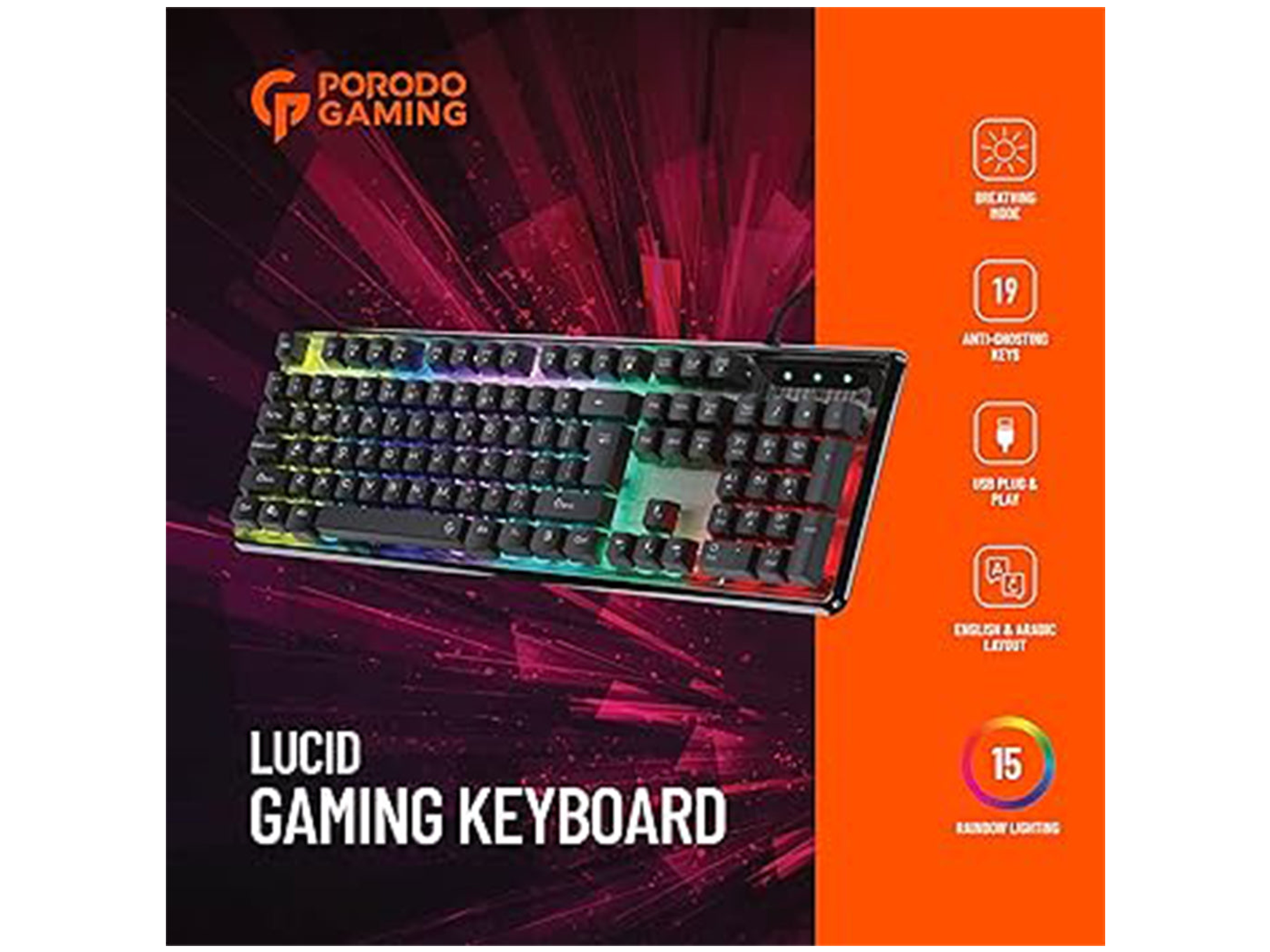 لوحة مفاتيح الألعاب Porodo PDX 216 Lucid بتصميم باللغتين الإنجليزية والعربية - أفضل سعر