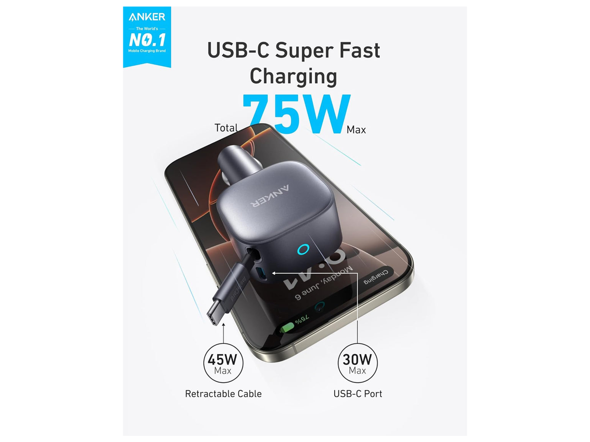 أنكر نانو شاحن سيارة(75 واط، منفذ USB-C، كيبل USB-C قابل للسحب مدمج) - أفضل سعر