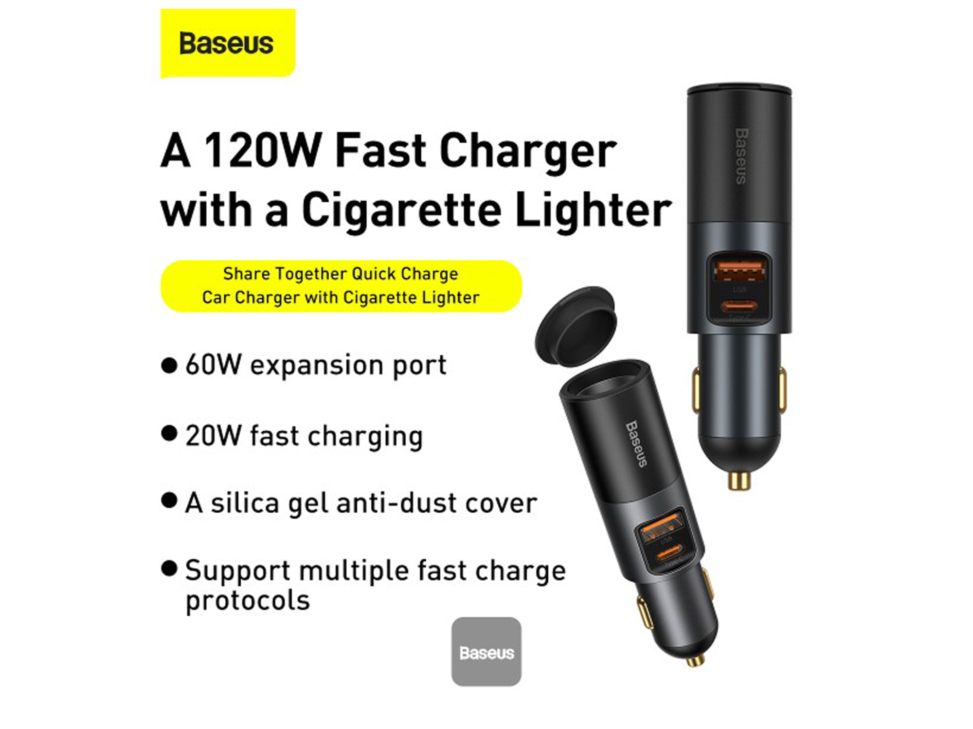 Baseus Share Together Fast Charge Car Charger with Cigarette Lighter Expansion Port U+C 120W - Best Prices