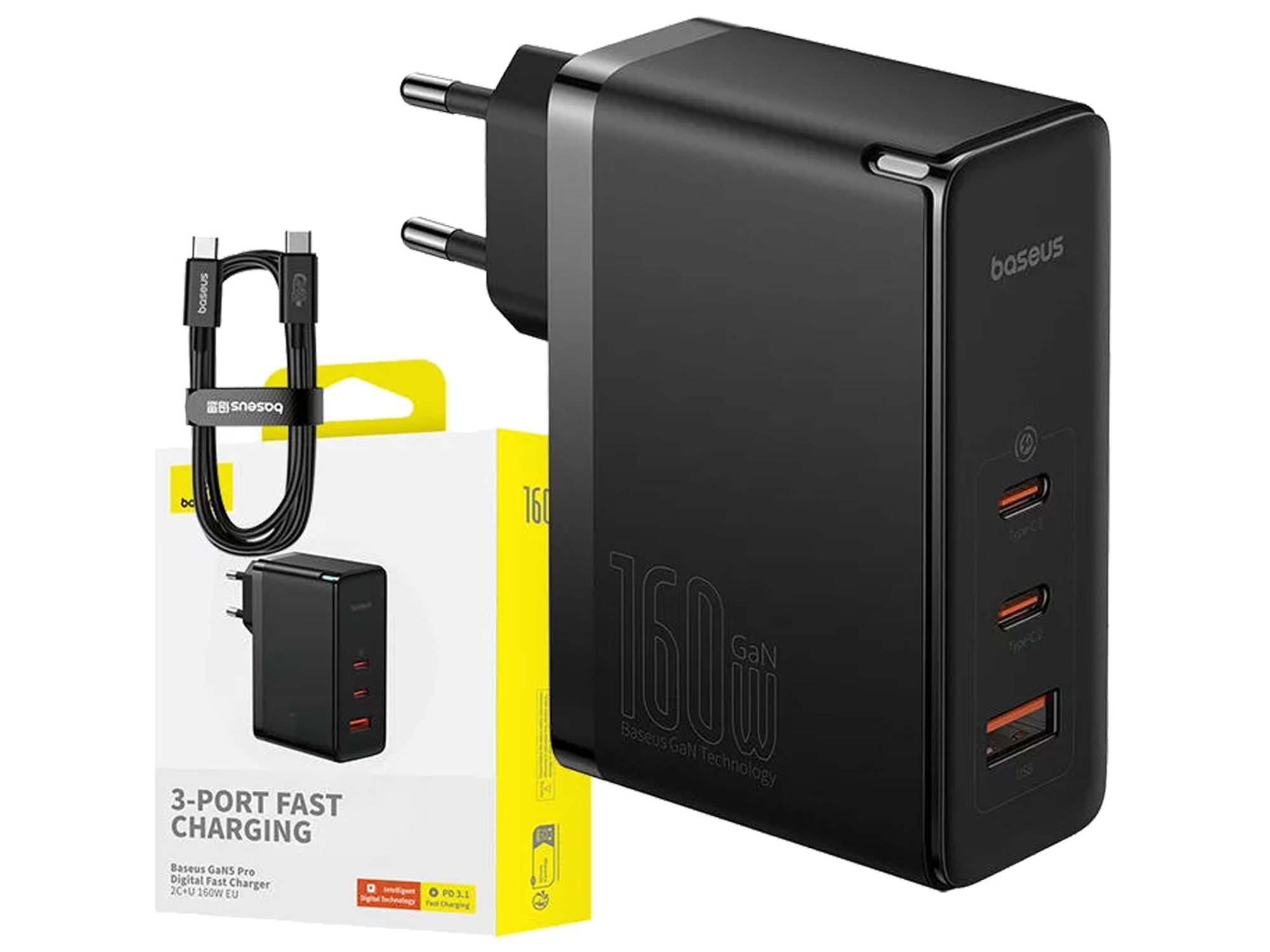 OS-Baseus GaN5 Pro Digital Fast Charger 160W With Superior Series Fast Charging Data Cable Type-C to Type-C 240W - Best Prices