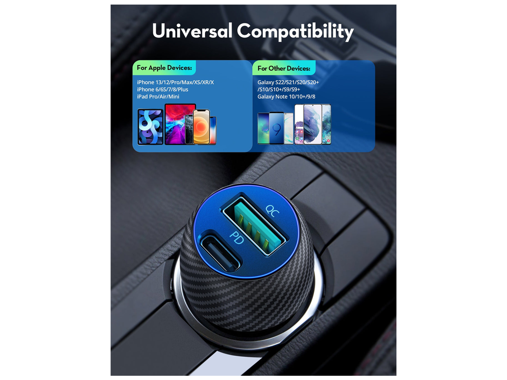RAVPower RP-VC031 Total 49W Car Charger + 1m Lightning Cable