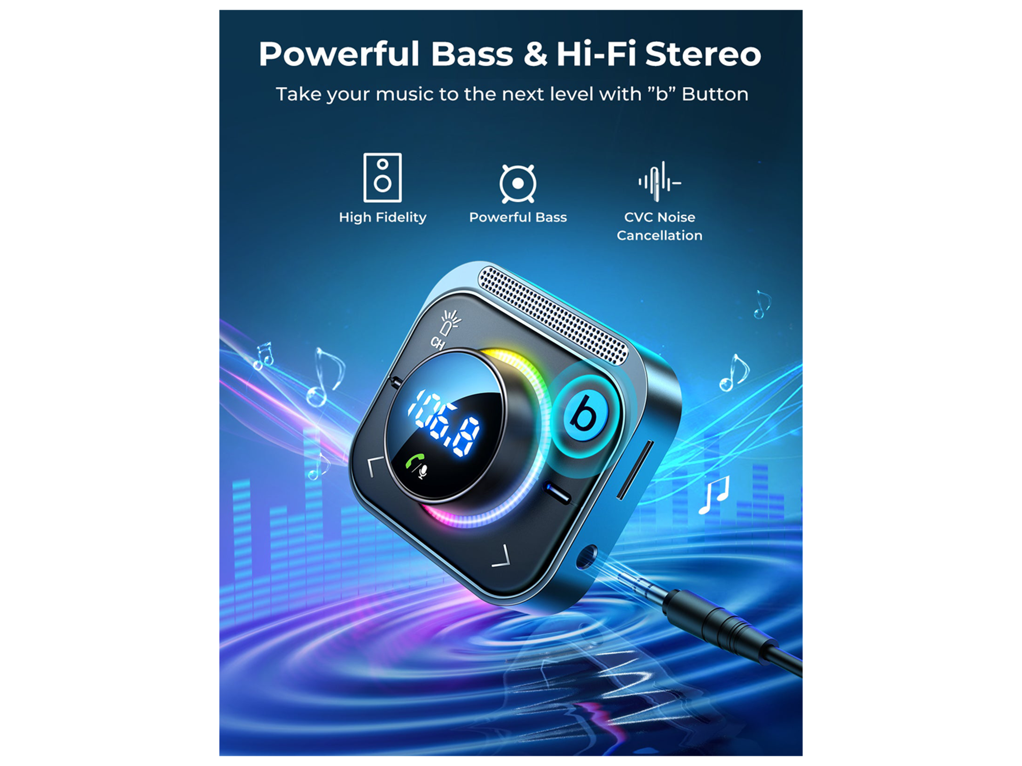جوي رووم JR-CL18 شاحن سيارة PD Type-C + USB بقوة 30 واط مع شاشة LED ومحول بلوتوث وجهاز إرسال FM مع كيبل ملفوف - أفضل سعر