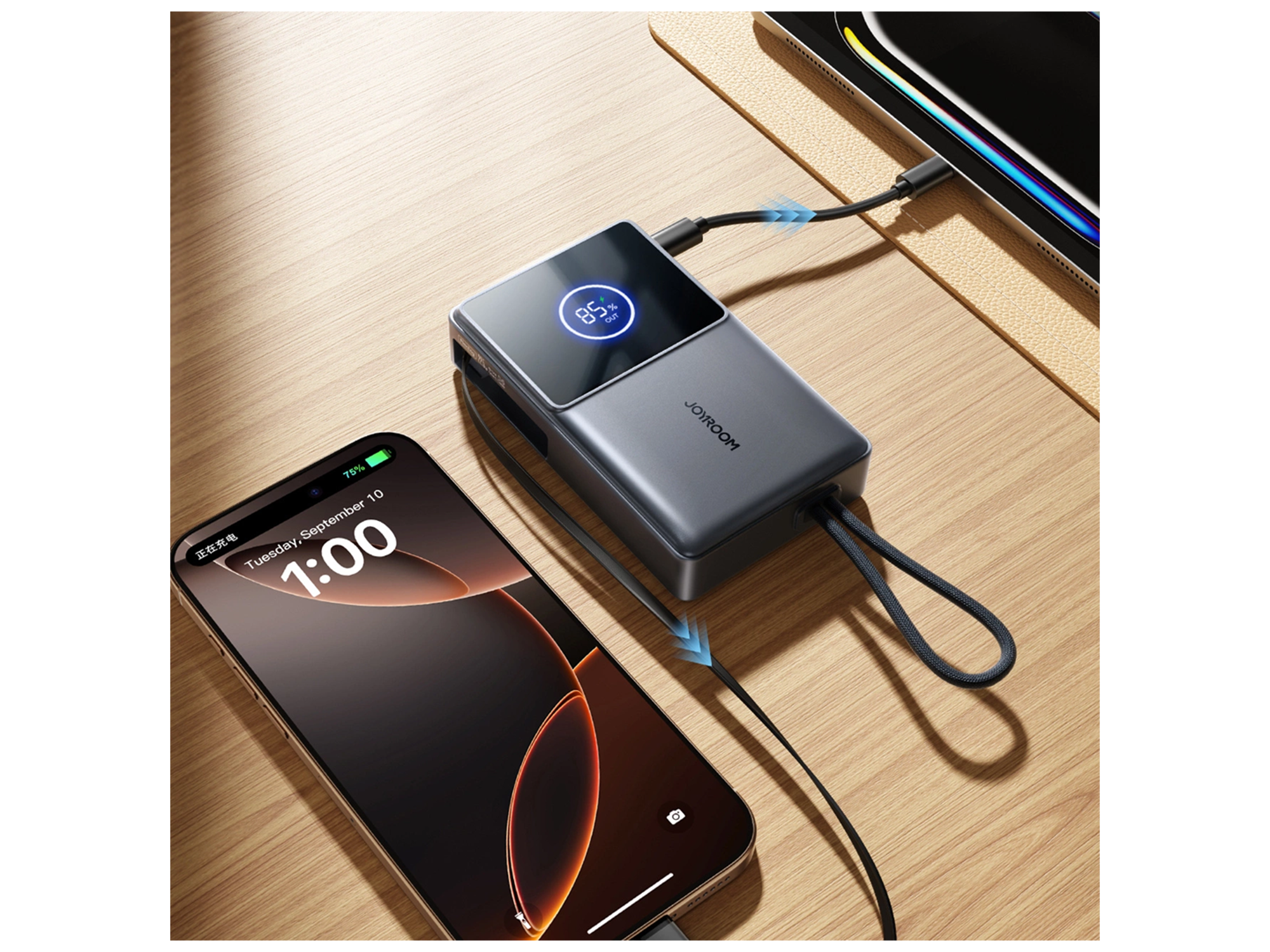 جوي روم JR-PR1 باور بانك سعة 10000 مللي أمبير/ساعة وقوة 22.5 واط مع كيبل USB-C مدمج قابل للسحب - أفضل سعر