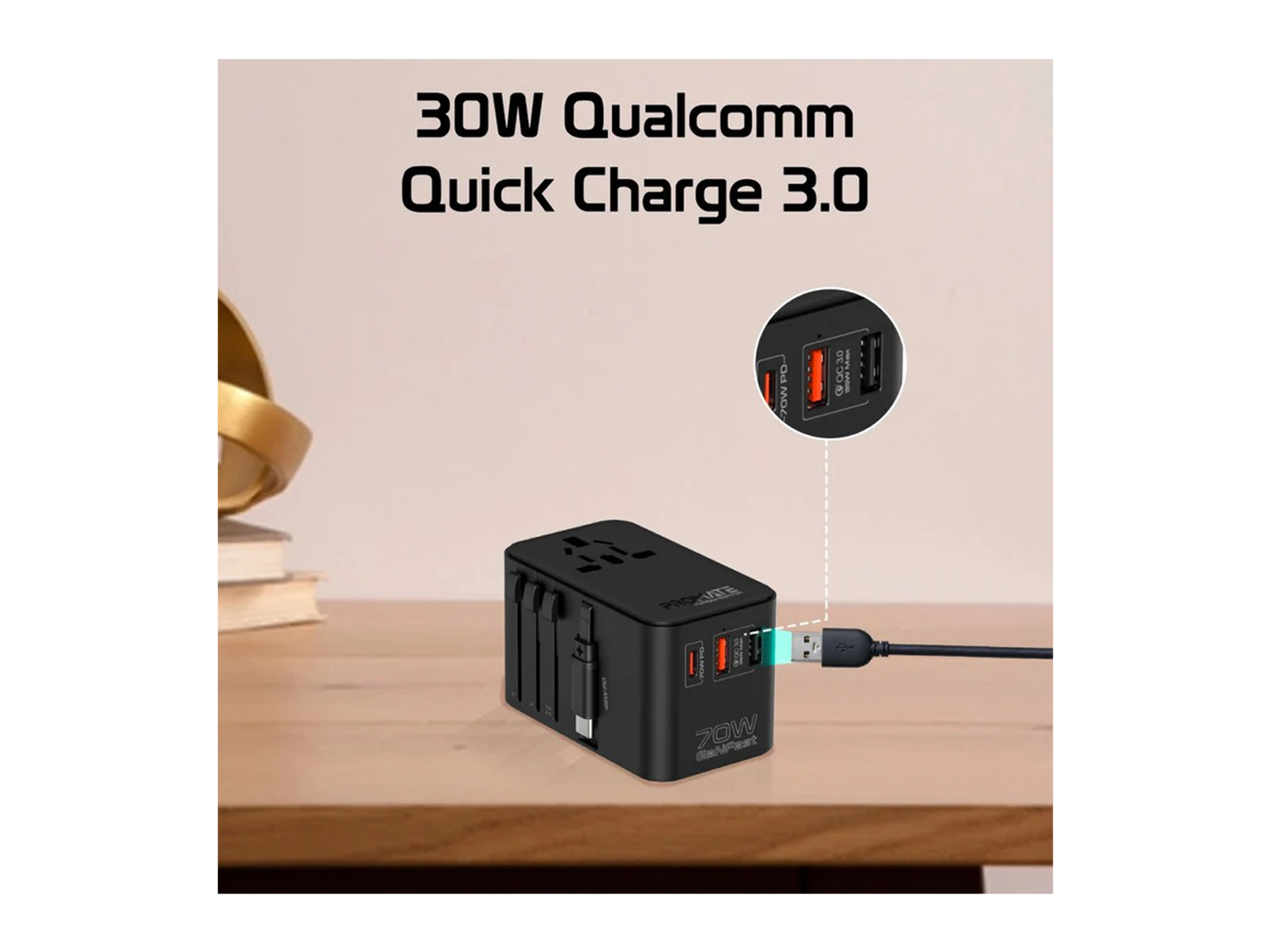 كووتي شاحن سفر عالمي  بقوة 70 واط بتقنية GaN مع منفذ USB-C قابل للسحب - أفضل سعر