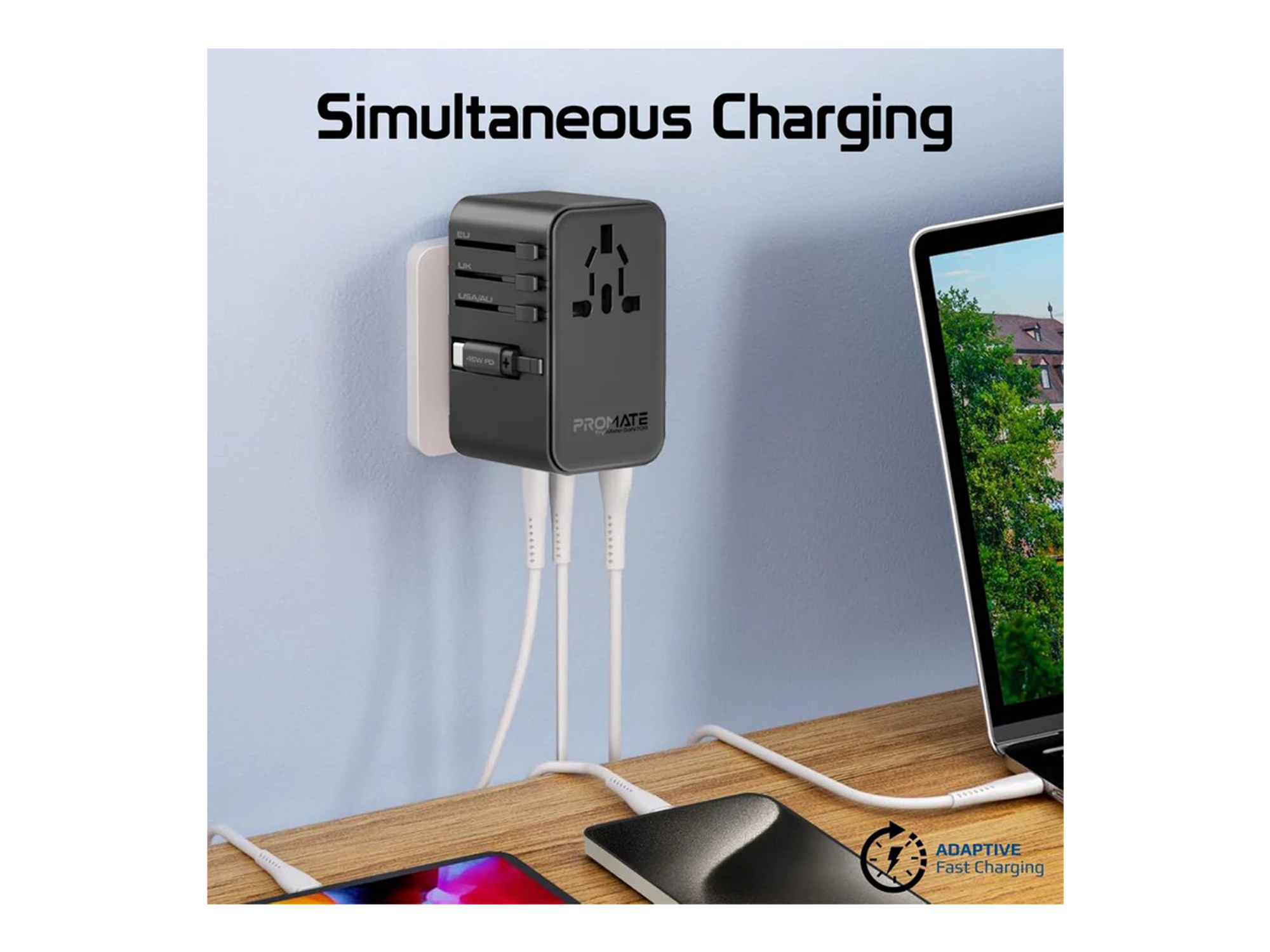 كووتي شاحن سفر عالمي  بقوة 70 واط بتقنية GaN مع منفذ USB-C قابل للسحب - أفضل سعر