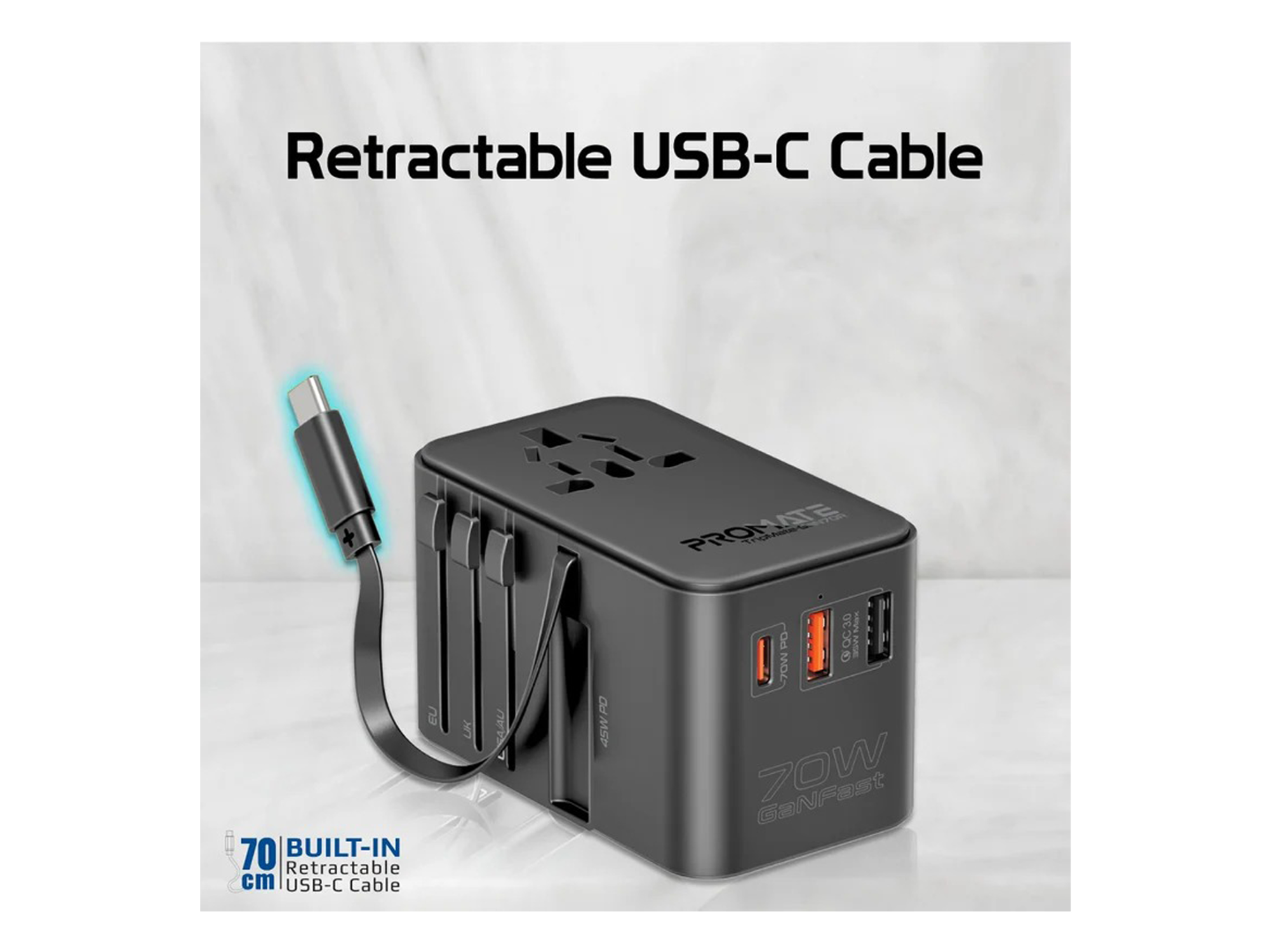 كووتي شاحن سفر عالمي  بقوة 70 واط بتقنية GaN مع منفذ USB-C قابل للسحب - أفضل سعر