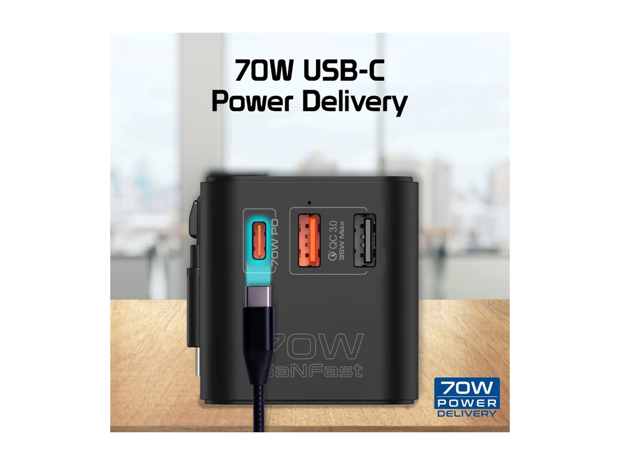 كووتي شاحن سفر عالمي  بقوة 70 واط بتقنية GaN مع منفذ USB-C قابل للسحب - أفضل سعر
