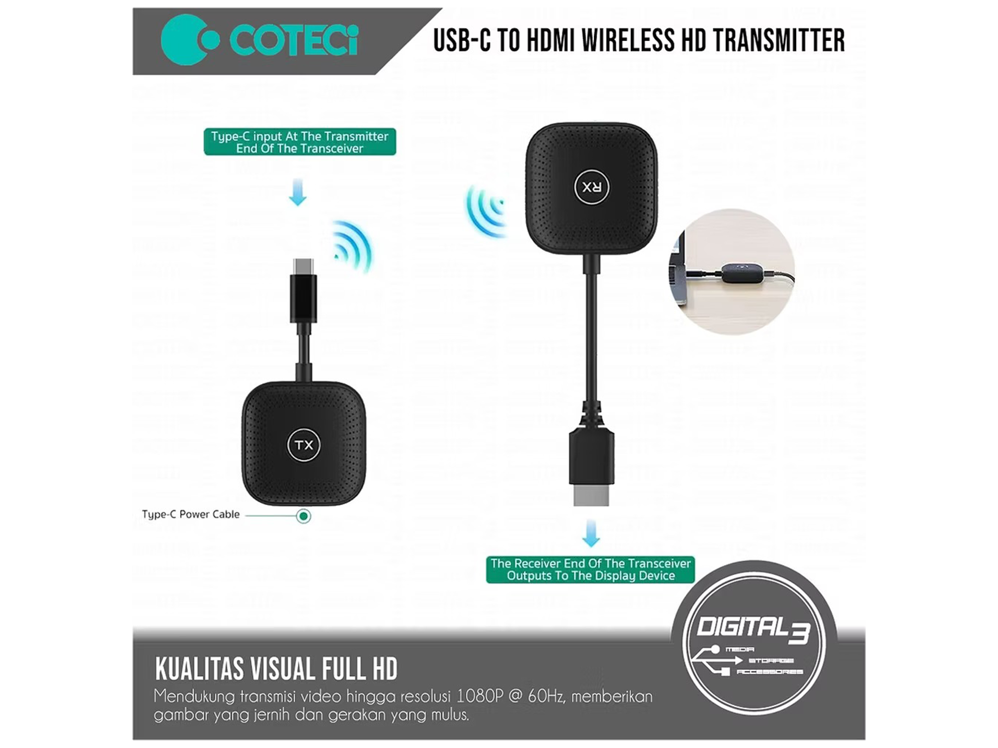 كووتي طقم جهاز إرسال واستقبال لاسلكي عالي الدقة من C إلى HDMI - أفضل سعر