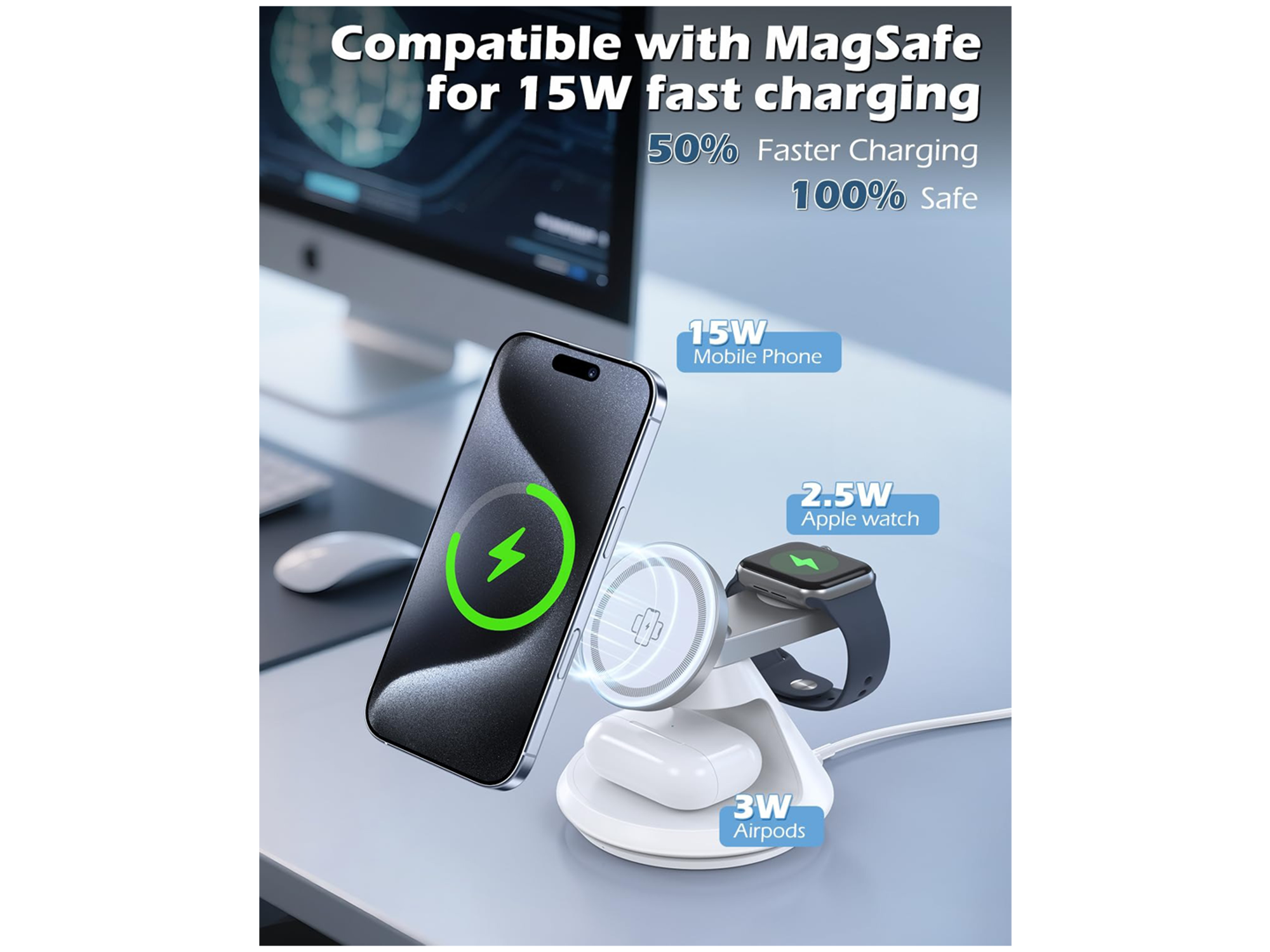 انكر ماك جو  حامل شحن لاسلكى 2 في 1 بقوة 15 واط، متوافق مع MagSafe ومعيار Qi2 - أفضل سعر