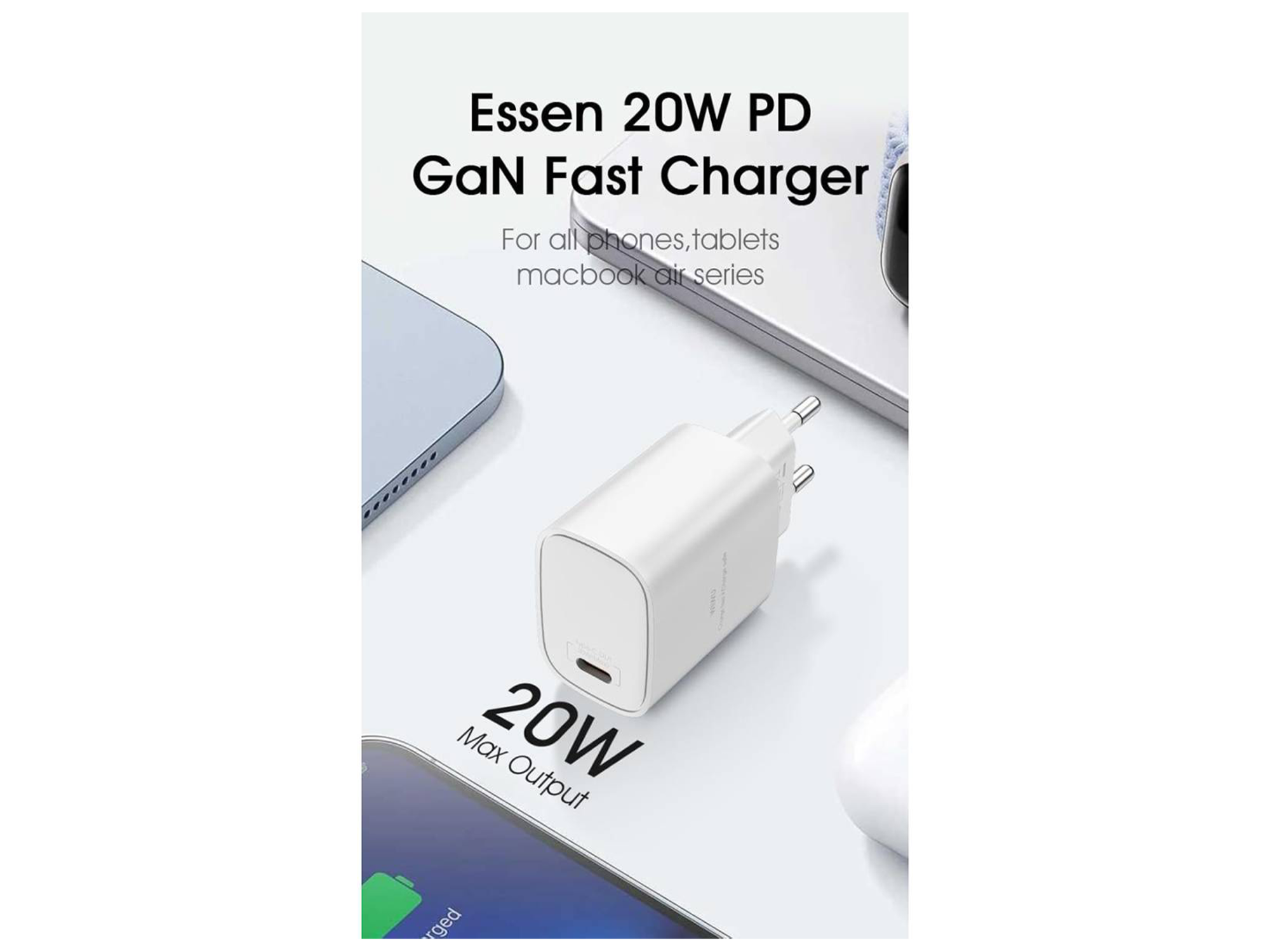ويوو شاحن Essen GaN سريع بقدرة 20 واط مع كيبل يو اس بي  إلى لايتننغ  قابس أوروبي Wi-G007 - أفضل سعر