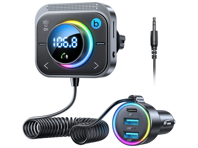 جوي رووم JR-CL18 شاحن سيارة PD Type-C + USB بقوة 30 واط مع شاشة LED ومحول بلوتوث وجهاز إرسال FM مع كيبل ملفوف