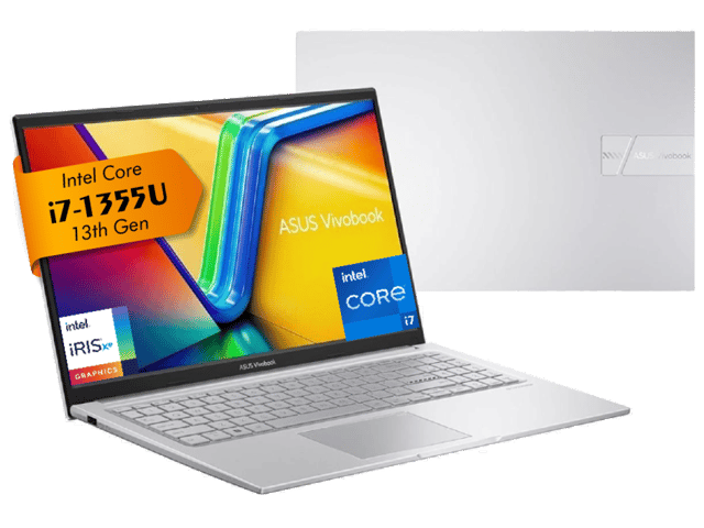 لاب توب أسوس فيفو بوك بمعالج Intel Core i7-1355U الجيل الثالث عشر ذاكرة 8 جيجابايت DDR4 بطاقة رسوميات Intel UHD سعة 2 جيجابايت قرص تخزين 512 جيجابايت SSD NVMe وشاشة 15.6 بوصة FHD بدقة 1920x1080 بتقنية LED.
